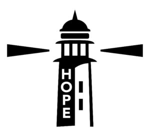 black graphic lighthouse image with the word hope